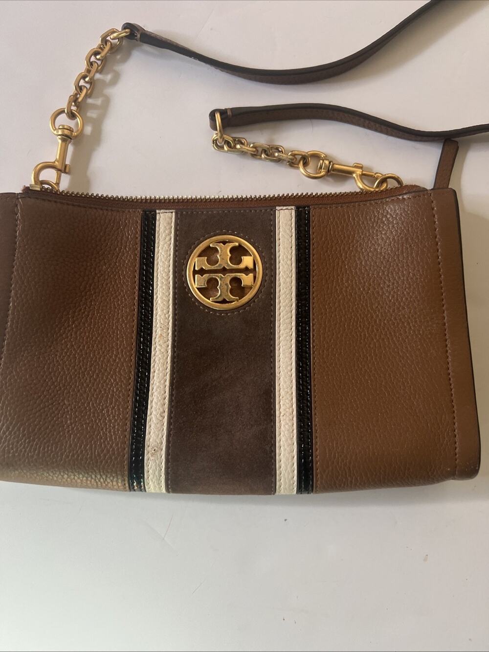 Tory Burch Carson Striped Black Brown Leather Suede Crossbody Purse chain zip